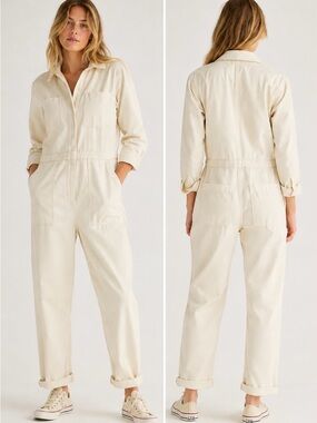 Billabong 100% Cotton Utility Coverall Jumpsuit Cream Ivory Long Sleeve Size M